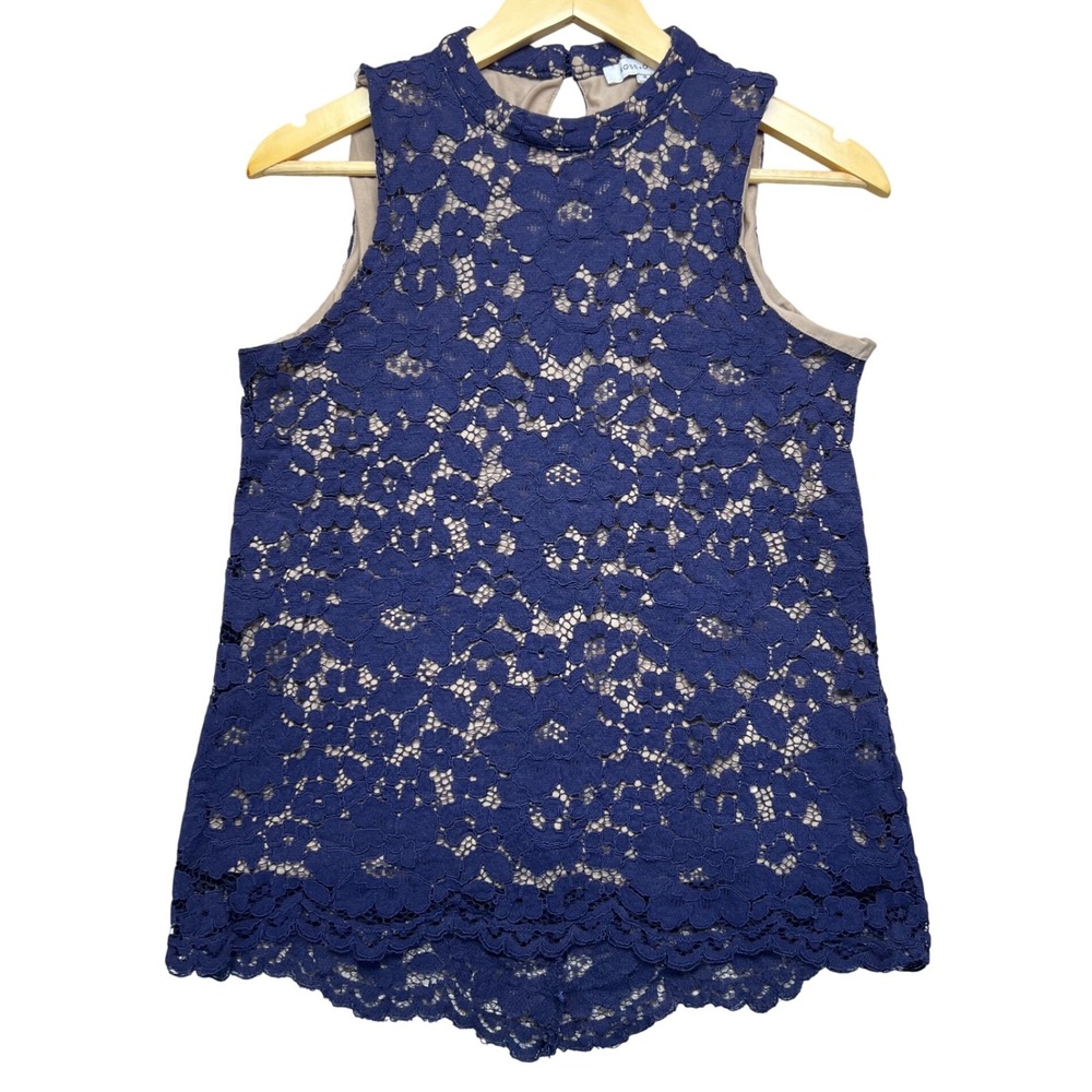 Rose + Olive Navy Blue Lace Crochet Mock Neckโ Sleeveless Lined Top Women's M